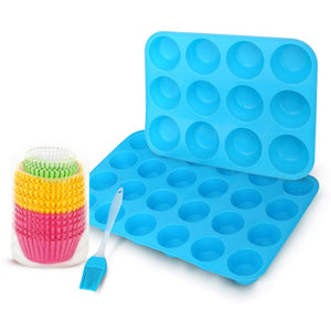 12 and 24 Mini Sizes Silicone Muffin Pan Cupcake Baking pan, 300 Paper Baking Cup Liners, Silicone Brush, Recipe E-book by Hanindy. Non Stick Silicone Muffin Molds, Muffin Trays Set of 2