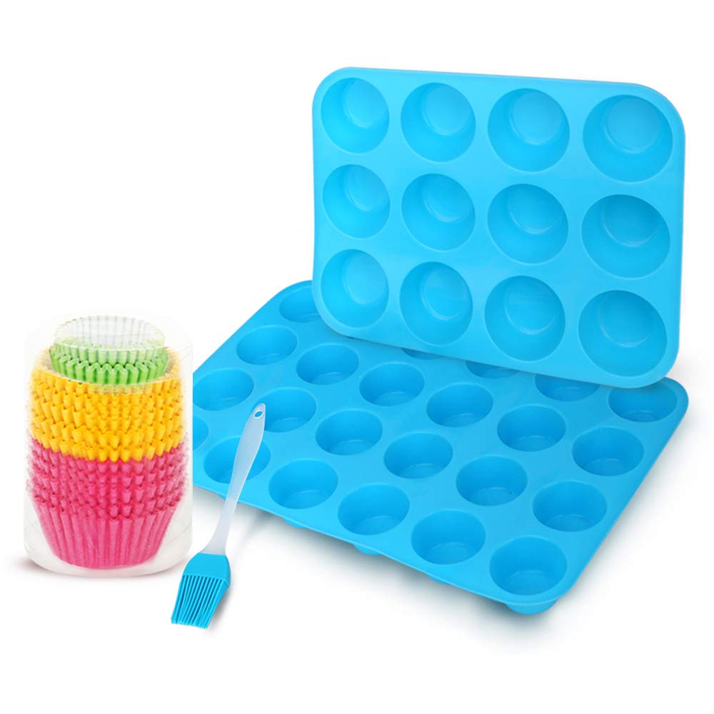 12 and 24 Mini Sizes Silicone Muffin Pan Cupcake Baking pan, 300 Paper Baking Cup Liners, Silicone Brush, Recipe E-book by Hanindy. Non Stick Silicone Muffin Molds, Muffin Trays Set of 2