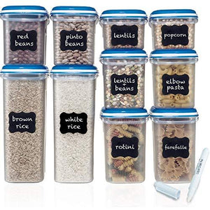 Shazo Food Storage Containers 20-Piece Set (10 Container Set) - Airtight Dry Food with Innovative Dual Utility Interchangeable Lid, FREE Labels & Marker, One Lid Fits All, Freezer Safe, Space Saver