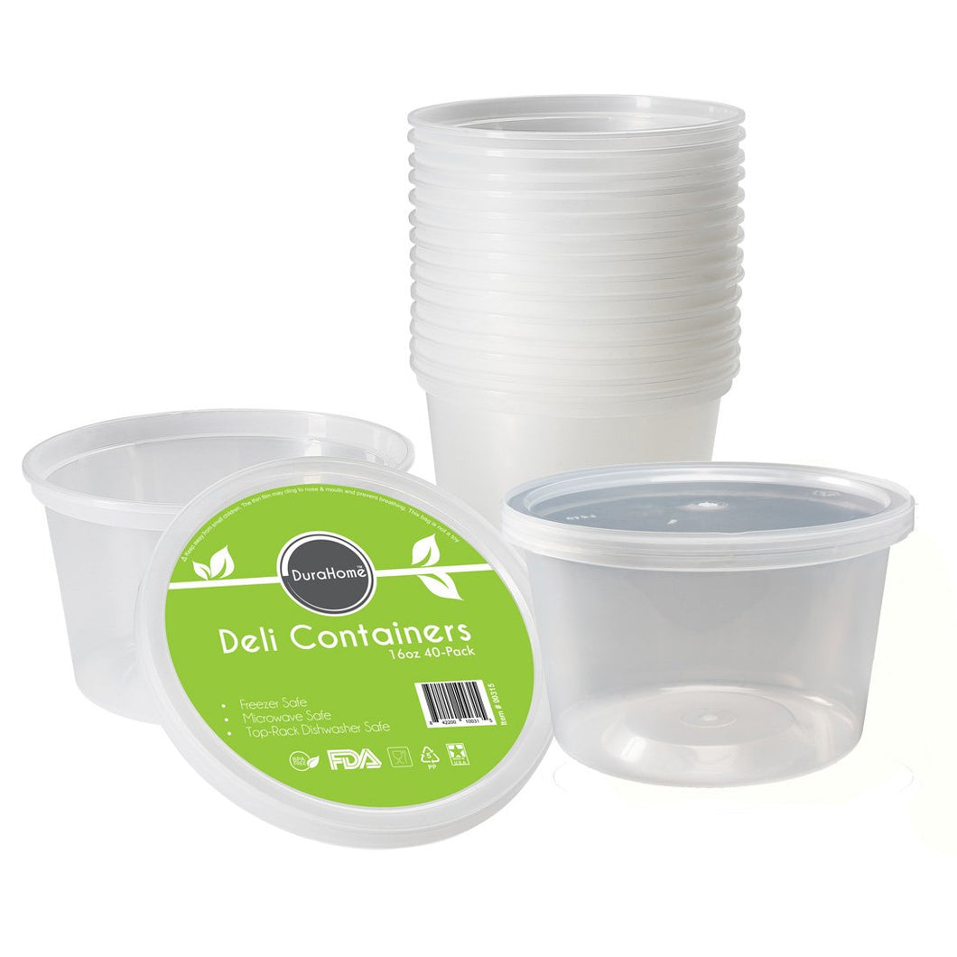 Deli Containers with Lids, 16 oz. Leakproof - Pack of 40 Plastic Microwaveable Clear Food Storage Container BPA Free, Premium Quality - by DuraHome