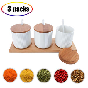 Ceramic Food Storage Spice Containers with Bamboo Lid- Porcelain Jar- Perfect Canister for Sugar Bowl, Serving Tea, Coffee, Spice ,Nuts jar, Holding Dressings, Dipping, Salad Bar Serving- Condiment