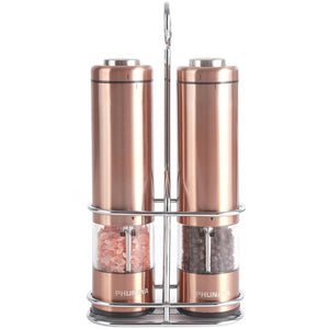 Phunaya Electric Salt and Pepper Grinder Set With Upgraded Motor | Complimentary 304 Stainless Steel Mill Stand | LED Light |Battery Operated | Adjustable Ceramic Coarseness |set of 2 (Copper)
