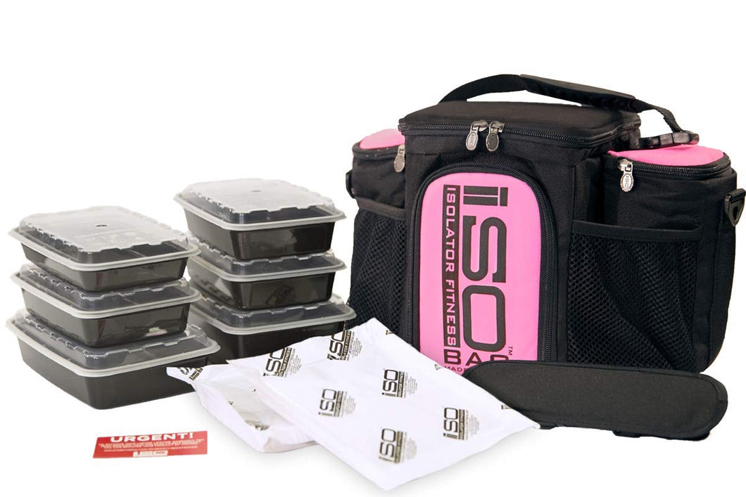 Isolator Fitness 3 Meal ISOBAG Meal Prep Management Insulated Lunch Bag Cooler with 6 Stackable Meal Prep Containers, 2 ISOBRICKS, and Shoulder Strap - MADE IN USA (Black/Pink Accent)
