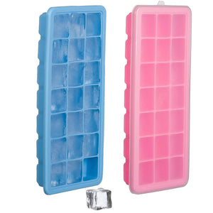 Set of 2 Silicone Ice Cube Trays with Lid Cover – Soft Bottom for One Press Easy Release – 21 Square Shaped Mold Holes – BPA & Odor Free Flexible Rubber - Completely Stackable To Save Freezer Space