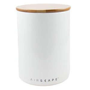 Airscape Ceramic and Food Storage Canister, 7" Large - Patented Airtight Inner Lid Preserves Food Freshness - Glazed Ceramic with Bamboo Top - Snowflake White