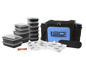 Isolator Fitness 6 Meal ISOBAG Meal Prep Management Insulated Lunch Bag Cooler with 12 Stackable Meal Prep Containers, 3 ISOBRICKS, and Shoulder Strap - MADE IN USA (Black/Light Blue Accent)