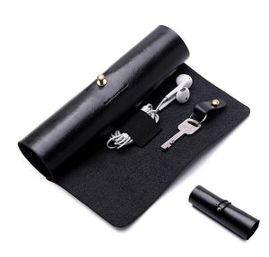 BoomYou Leather Wallet Roll Up Case Pen Case Storage Roll Bag Pencil Sleeve Keys Holder for Surface/iPad Touch Pen Data Cable Makeup - Leather Creative Personality Retro Style - Black