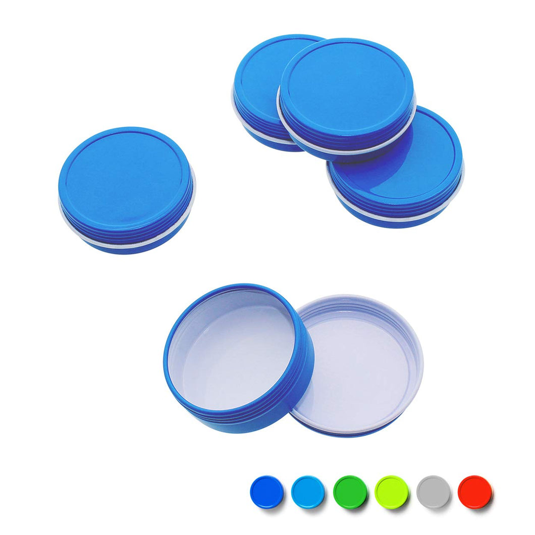Mimi Pack 1/2 oz Shallow Round Metal Tin Can Empty Screw Top Lid Steel Containers For Cosmetics, Favors, Spices, Balms, Gels, Candles, Gifts, Storage 24 Pack (Blue)