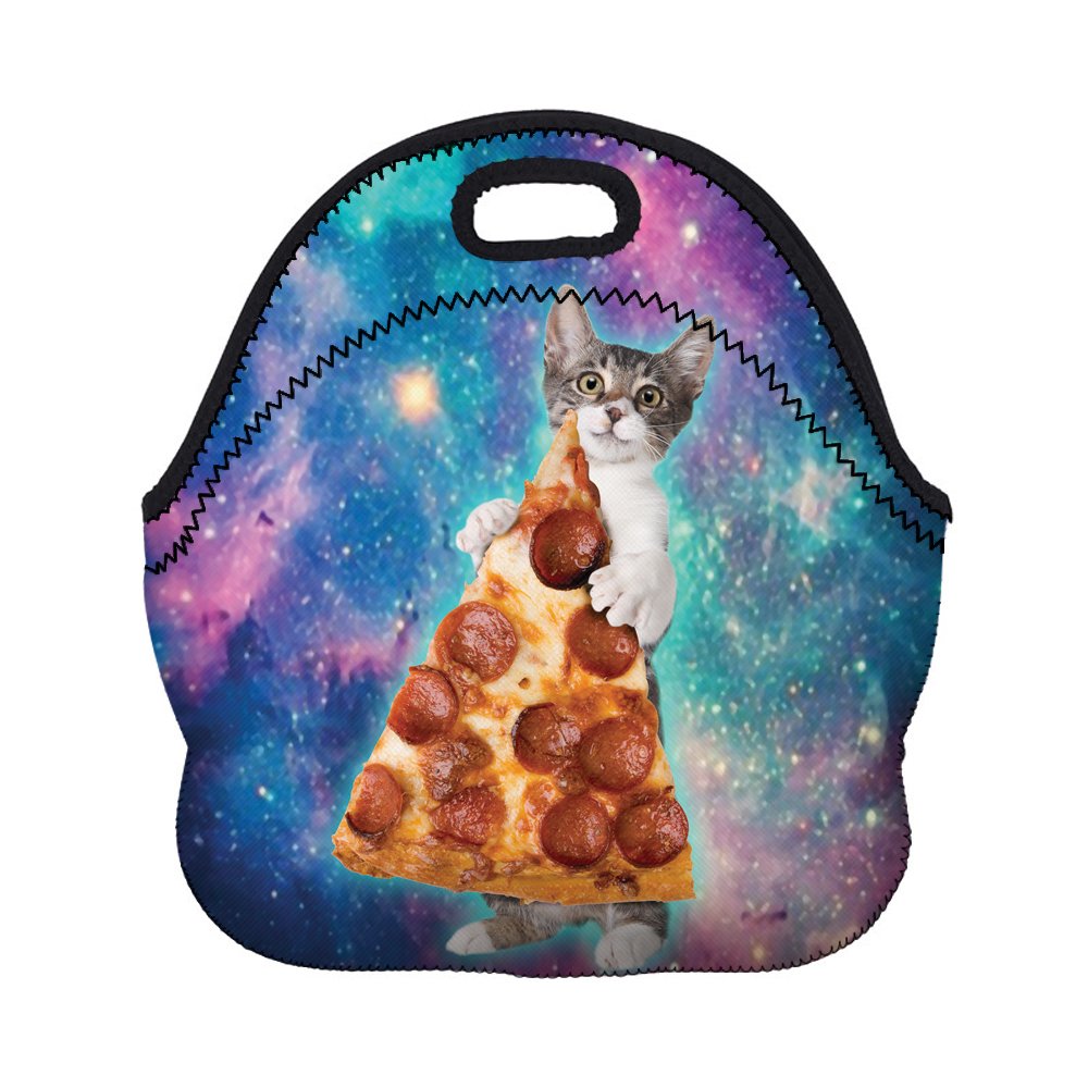 Boys Girls Kids Women Adults Insulated School Travel Outdoor Thermal Waterproof Carrying Lunch Tote Bag Cooler Box Neoprene Lunchbox Container Case For Outdoors,Work,Office,School (Cat and Pizza)