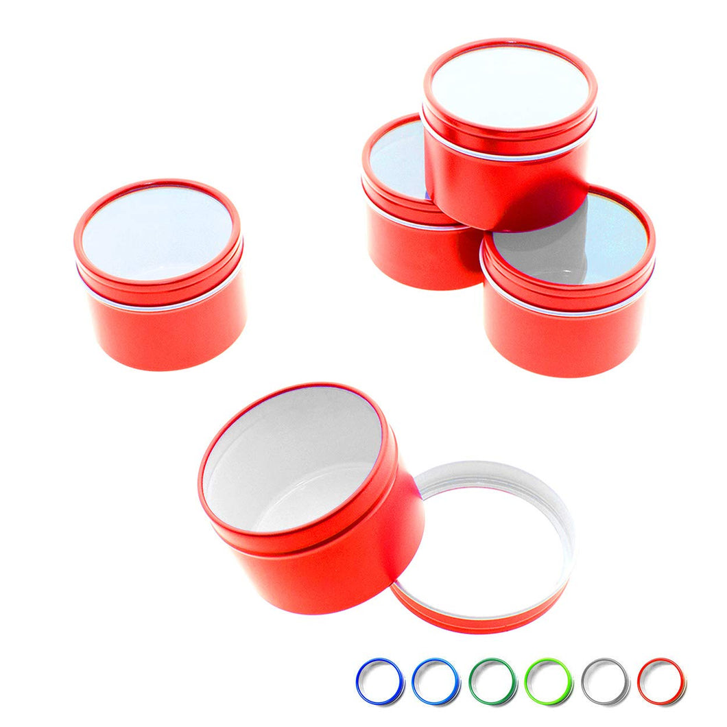 Mimi Pack 10 oz Deep Round Tin Can Clear Window Top Lid Steel Containers For Favors, Spices, Balms, Gels, Candles, Gifts, Storage 24 Pack (10 oz, Red)
