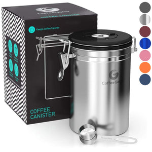Coffee Gator Stainless Steel Container - Canister with co2 Valve and Scoop (Stainless Steel, Large)