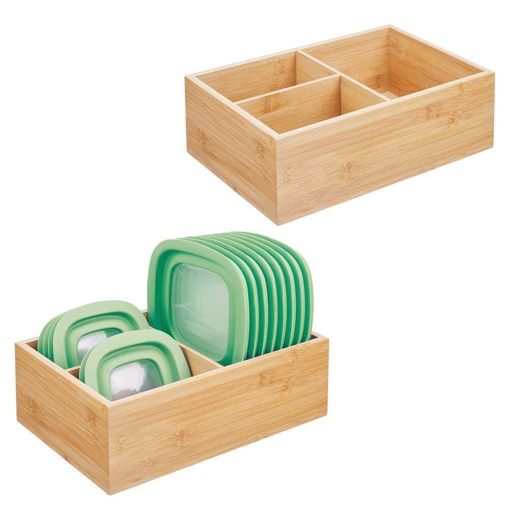 mDesign Bamboo Wood Kitchen Storage Bin Organizer for Food Container Lids and Covers - Use in Cabinets, Pantries, Cupboards - Large Divided Organizer with 3 Sections, 2 Pack - Natural