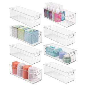 mDesign Storage Bins with Built-in Handles for Organizing Hand Soaps, Body Wash, Shampoos, Lotion, Conditioners, Hand Towels, Hair Accessories, Body Spray, Mouthwash - 16" Long, 8 Pack - Clear