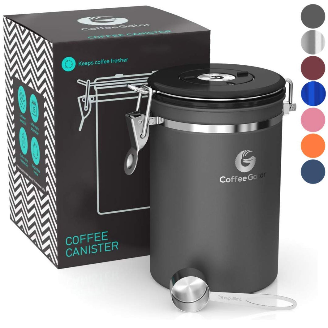 Coffee Gator Stainless Steel Container - Canister with co2 Valve and Scoop (Grey, Large)