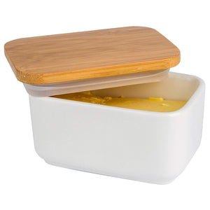 Arswin Butter Dish with Lid, Porcelain Keeper with Airtight Bamboo Cover, Covered Butter Container for Kitchen Countertop and Refrigerator, Easy Clean Heat Resistant White Prime Sales Day Deal (300ml)
