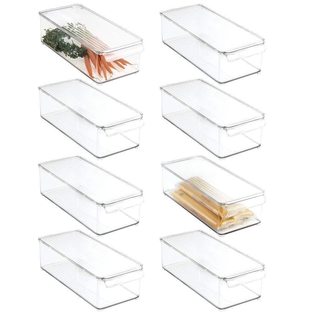 mDesign Plastic Food Storage Container Bin with Lid and Handle - for Kitchen, Pantry, Cabinet, Fridge/Freezer - Organizer for Snacks, Produce, Vegetables, Pasta - 8 Pack - Clear