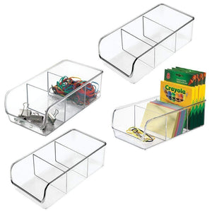 mDesign Divided Plastic Home Office Desk Drawer Organizer Storage Bin for Cabinets, Closets, Drawers, Desktops, Tables, Workspaces - Holds Pens, Pencils, Erasers, Markers - 3 Sections, 4 Pack - Clear