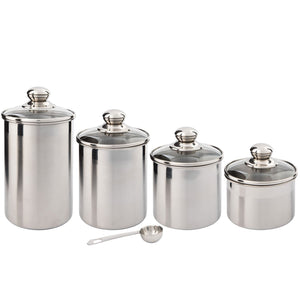 Beautiful Canisters Sets for the Kitchen Counter, Small Sized, 4-Piece Stainless Steel with Glass Lids and 20 ml Measuring Scoop - SilverOnyx Tea Coffee Sugar Canisters - 4pc Glass Lids