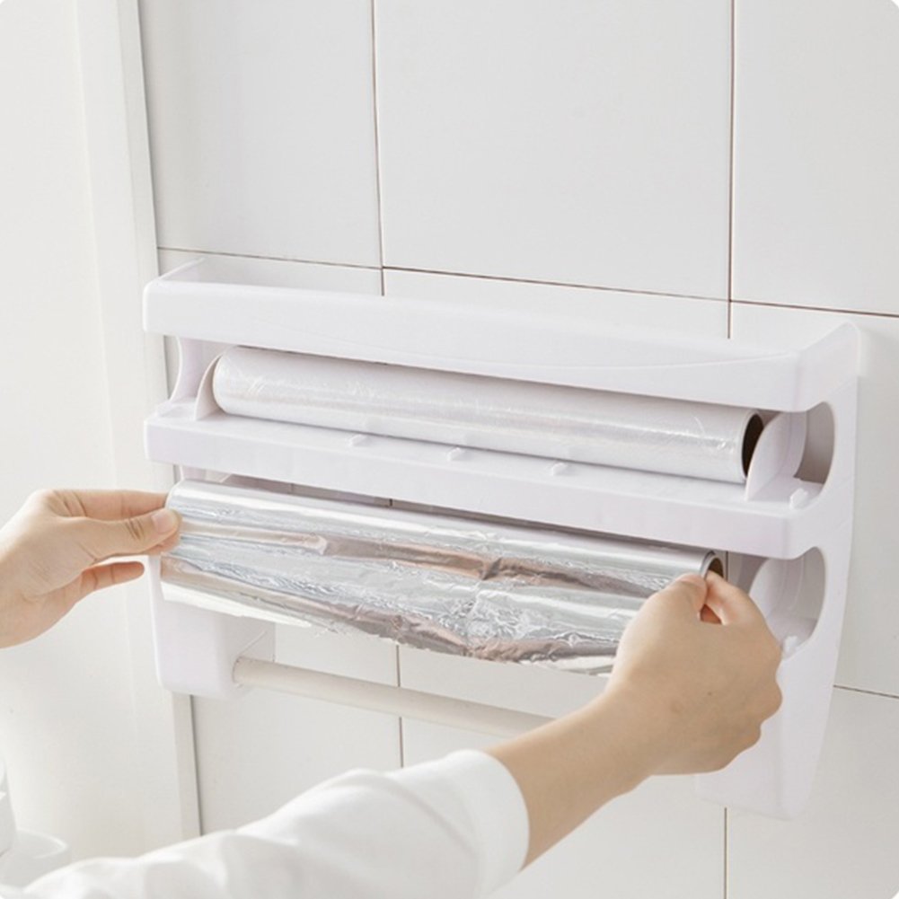 4-in-1 Wall-Mount Paper Towel Holder | Plastic Wrap and Foil Dispenser with Spice Rack | White (White)