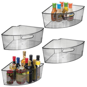 mDesign Kitchen Cabinet Plastic Lazy Susan Storage Organizer Bins with Front Handle - Large Pie-Shaped 1/4 Wedge, 6" Deep Container - Food Safe, BPA Free, 4 Pack - Smoke Gray