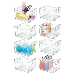 mDesign Plastic Bathroom Vanity Storage Bin Box with Handles - Deep Organizer for Hand Soap, Body Wash, Shampoo, Lotion, Conditioner, Hand Towel, Hair Brush, Mouthwash - 10" Long, 8 Pack - Clear