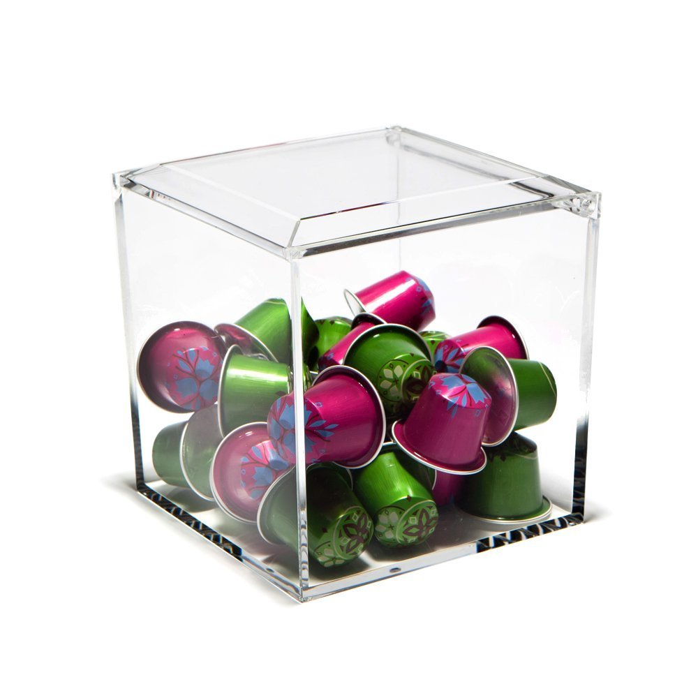 Nespresso Cube Plexiglass Capsule Pod Holder with Recipe eBook! Holds 50 Capsules, Storage Solution for Nespresso Machines, Clear Dispenser