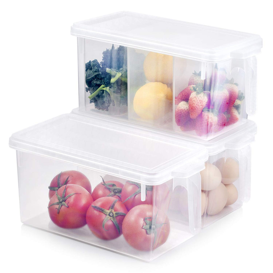 Kitchen Organizer Freezer Refrigerator Storage - 3 Sets Stackable Boxes 4.5Qt Plastic BPA Free Reusable Containers Meal Prep Food Cabinet Bin for Fridge, Pantry, Shelves, Home with Lids and Handle