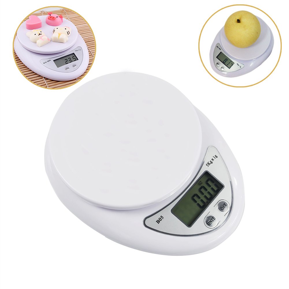 AUOON Digital Kitchen Scale 11lb/5kg for Cooks, Dieters and Calorie or Carbohydrate Counting with Back-Lit LCD Display, Tare Button and 4 Unit Modes, White