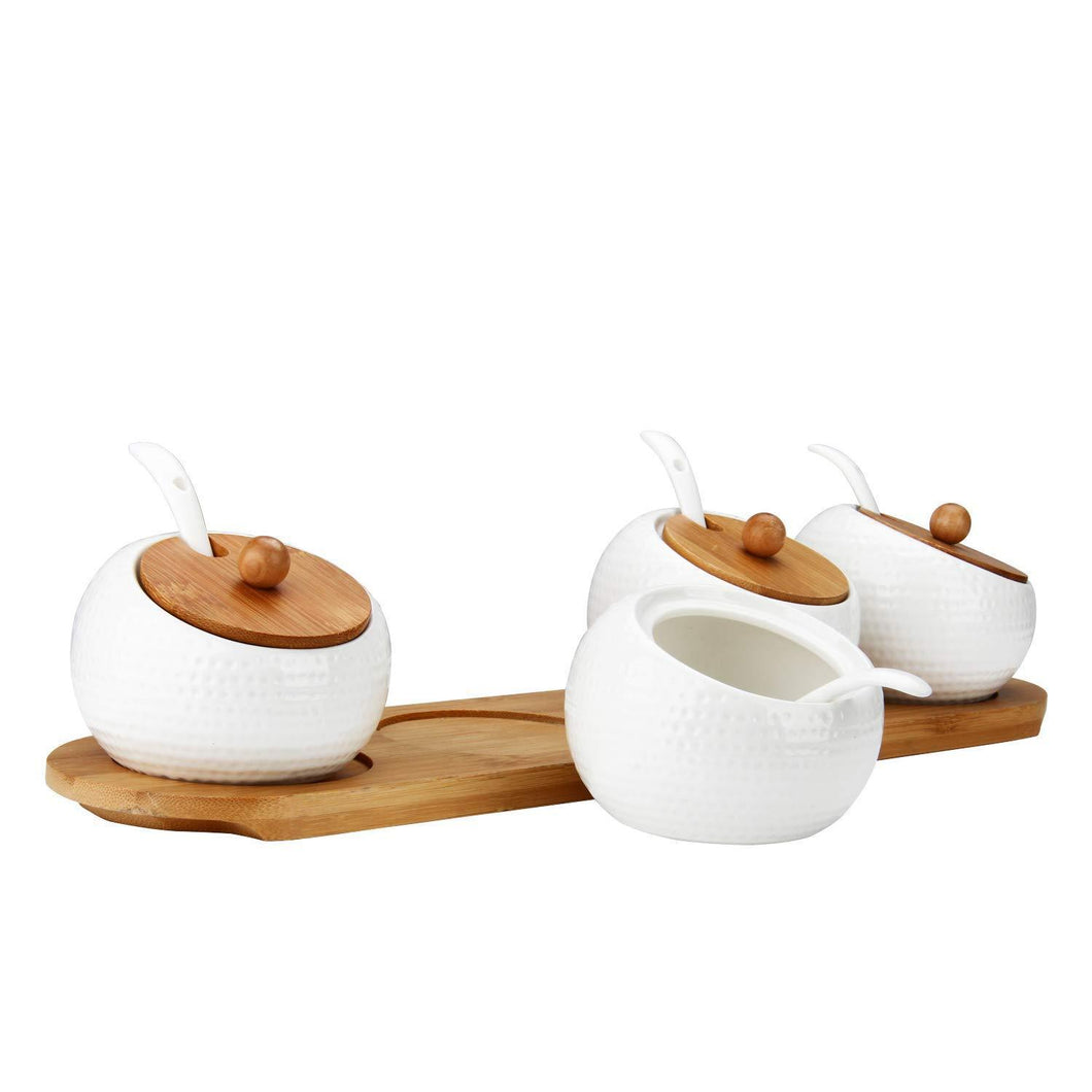 RUCKAE Ceramic Condiment Jar Spice Container with Bamboo Lid,Porcelain Spoon,Wooden Tray,Set of 4,White,170ML(5.8 OZ),Perfect Spice Storage for Home,Kitchen,Counter