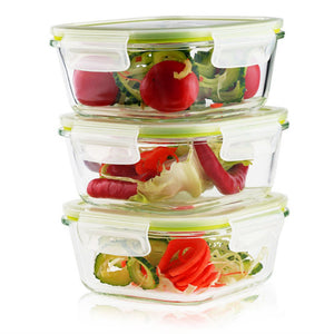 Living Express 6 Pieces Glass Food Storage Container Set (3 containers +3 lids) with Snap Locking Lid,Airtight,Microwave,Oven,Freezer,Dishwasher Safe,27oz,BPA-Free (Square)