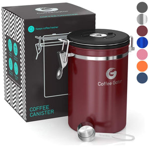 Coffee Gator Stainless Steel Container - Fresher Beans and Grounds for Longer - Canister with Date Tracker, CO2-Release Valve and Measuring Scoop - Large - Red