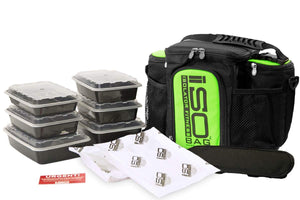 Isolator Fitness 3 Meal ISOBAG Meal Prep Management Insulated Lunch Bag Cooler with 6 Stackable Meal Prep Containers, 2 ISOBRICKS, and Shoulder Strap - MADE IN USA (Black/Neon Green Accent)