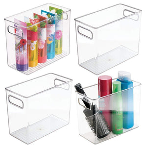 mDesign Slim Plastic Storage Container Bin with Handles - Bathroom Cabinet Organizer for Toiletries, Makeup, Shampoo, Conditioner, Face Scrubbers, Loofahs, Bath Salts - 5" Wide, 4 Pack - Clear