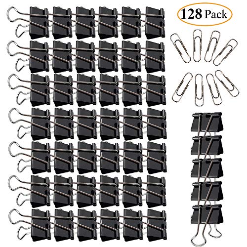 Metal Binder Clips and Paperclips Set Medium 25mm Paper Binder Clips Box Set Official School Supplies Black Pack of 128