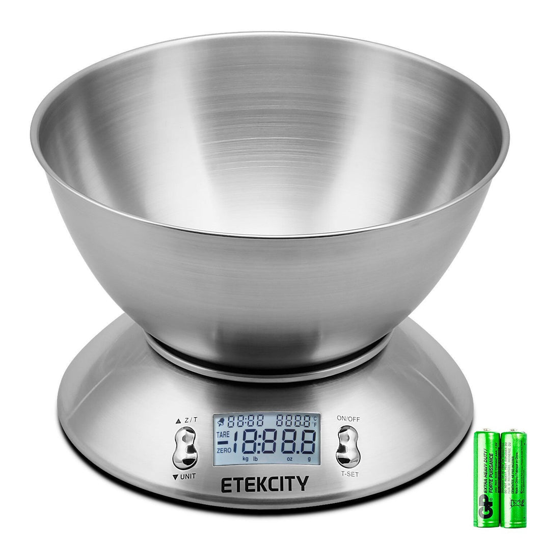 Etekcity 11lb/5kg Digital Multifunction Kitchen Food Scale, Stainless Steel, Alarm Timer & Temperature Sensor, Detachable Bowl