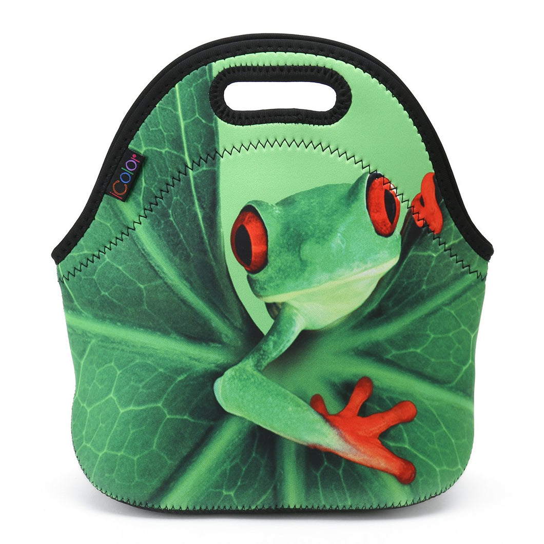 ICOLOR Thermal Neoprene Waterproof Kids Insulated Lunch Portable Carry Tote Picnic Storage Bag Lunch box Food Bag Gourmet Handbag Cooler warm Pouch Tote bag For School work Office (Cute Frog) F-LB-32