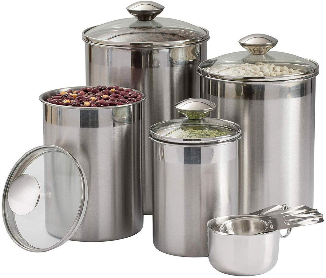 Beautiful Canisters Sets for the Kitchen Counter, 8-Piece Stainless Steel, Medium Sized with Glass Lids and Measuring Cups - SilverOnyx Tea Coffee Sugar Flour Canisters - 8pc Glass Lids