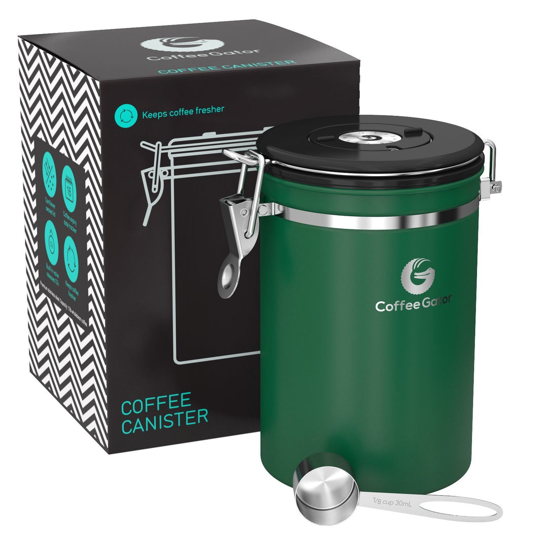 Coffee Gator Stainless Steel Container - Fresher Beans and Grounds for Longer - Canister with Date Tracker, CO2-Release Valve and Measuring Scoop - Large - Green