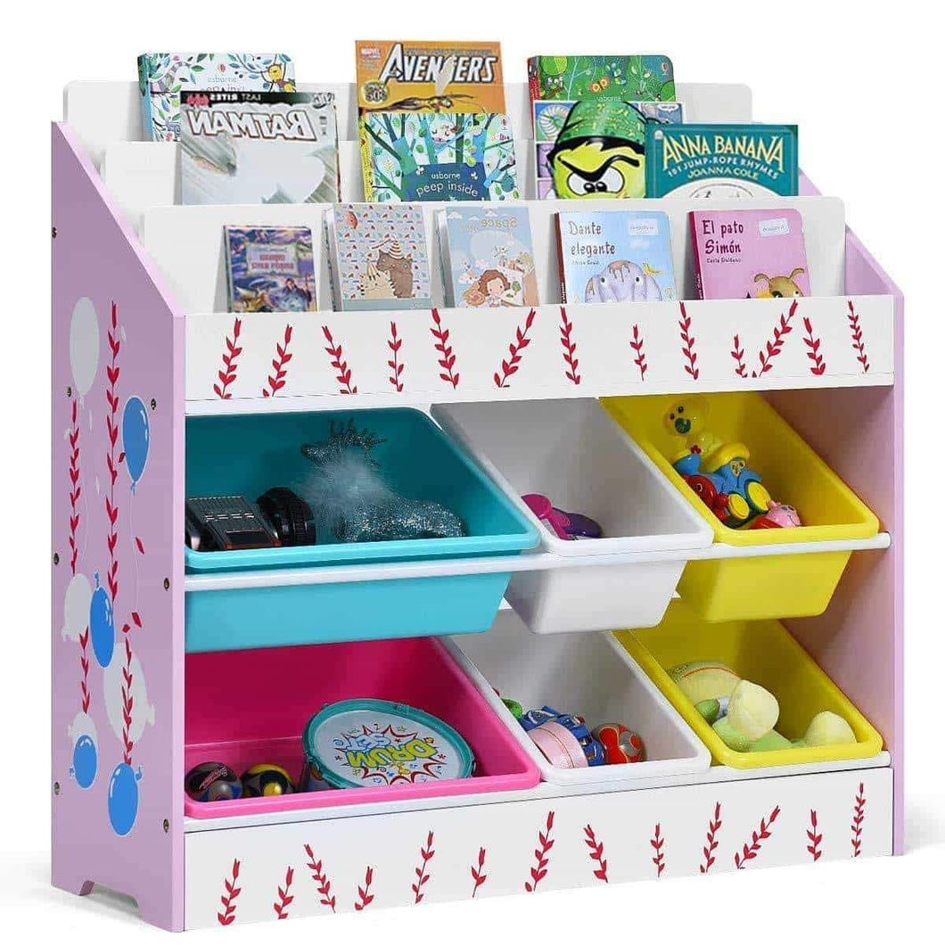 Costzon Kids Toy Storage Organizer & Bookshelf, Children Bookshelf with 6 Multiple Color Removable Bins Shelf Drawer & 3 Shelf Sleeves, Ideal for Kids Room, Playroom and Class Room (Pink)