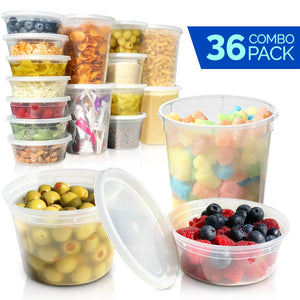 Deli Containers with Lids - Food Storage Containers - Clear Freezer Containers | 36-Pack BPA Free Plastic 8, 16, 32 oz | Cup Pint Quart set | Great for Soup, Meal Prep, Portion Control, Slime and More