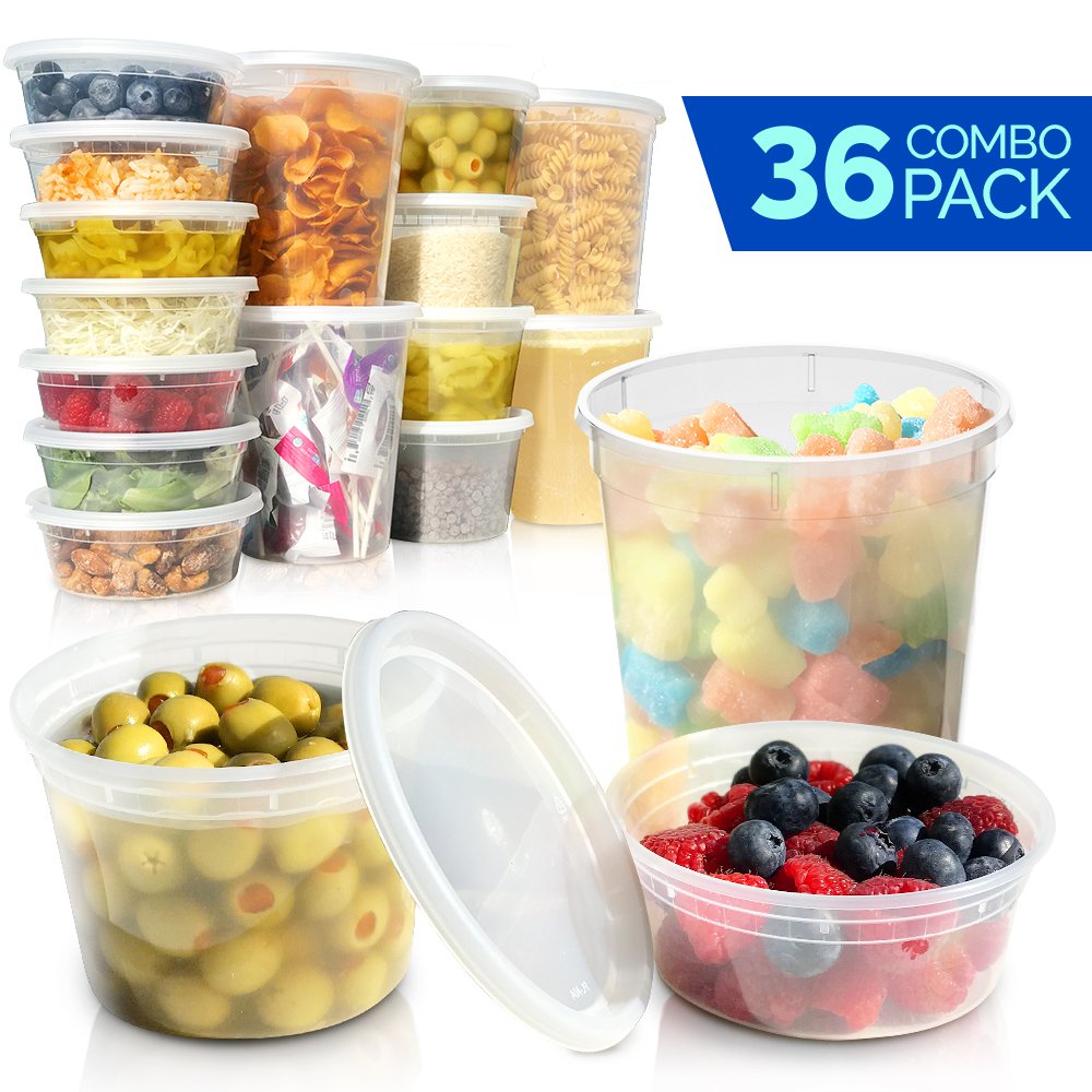 Deli Containers with Lids - Food Storage Containers - Clear Freezer Containers | 36-Pack BPA Free Plastic 8, 16, 32 oz | Cup Pint Quart set | Great for Soup, Meal Prep, Portion Control, Slime and More