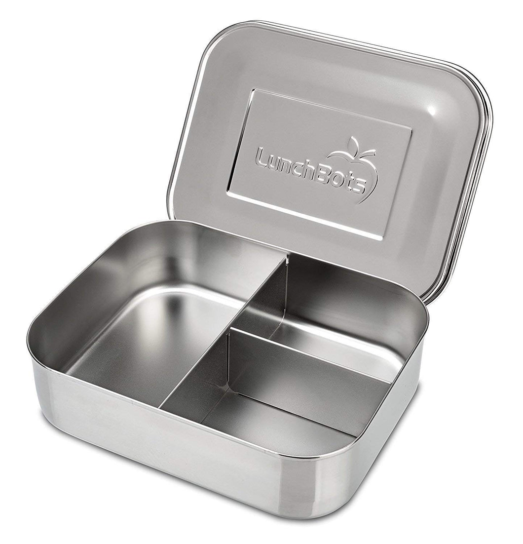 LunchBots Medium Trio II Snack Container - Divided Stainless Steel Food Container - Three Sections for Snacks On the Go - Eco-Friendly, Dishwasher Safe, BPA-Free - Stainless Lid - All Stainless
