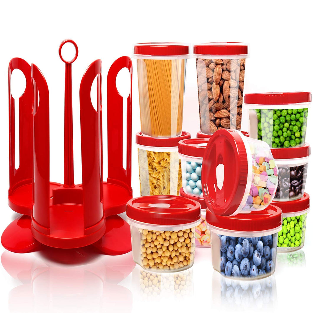Elegant Life with with Rotating Rack, Durable Plastic Canister Jar with Red Lids, Perfect for Flour, Sugar, Cereals, BPA Free, Leakproof, Microwave/Freezer/Dishwasher Safe,