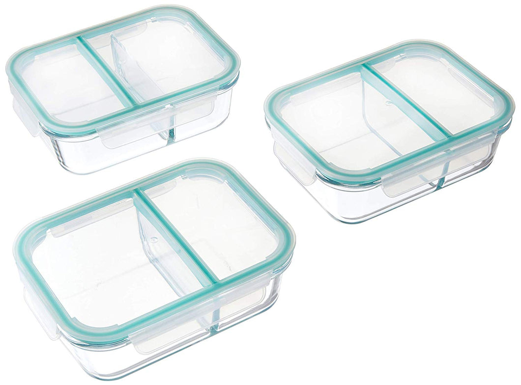 [Large Premium 3 Pack] 2 Compartment Glass Meal Prep Containers w/ New Divider Seal Tech Best Quality Snap Locking Lids Airtight, Glassware Set, Bento Box, BPA-Free (40oz Dry W/Lid on)