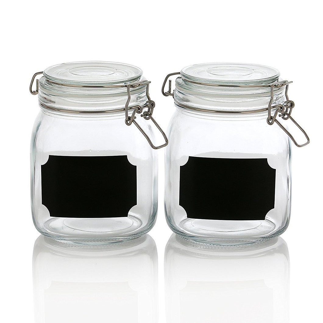 Set of 2, 32 Ounce Clear Airtight Canister Set with Chalkboard Labels, Glass Jars for Cereal, Flour, Pantry Storage Jars