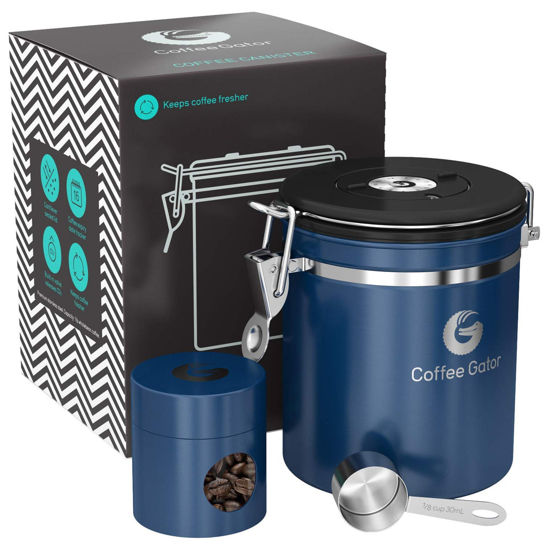 Coffee Gator Stainless Steel Container - Fresher Beans and Grounds for Longer - Canister with Date Tracker, CO2-Release Valve, Measuring Scoop and Travel Jar - Medium - Blue