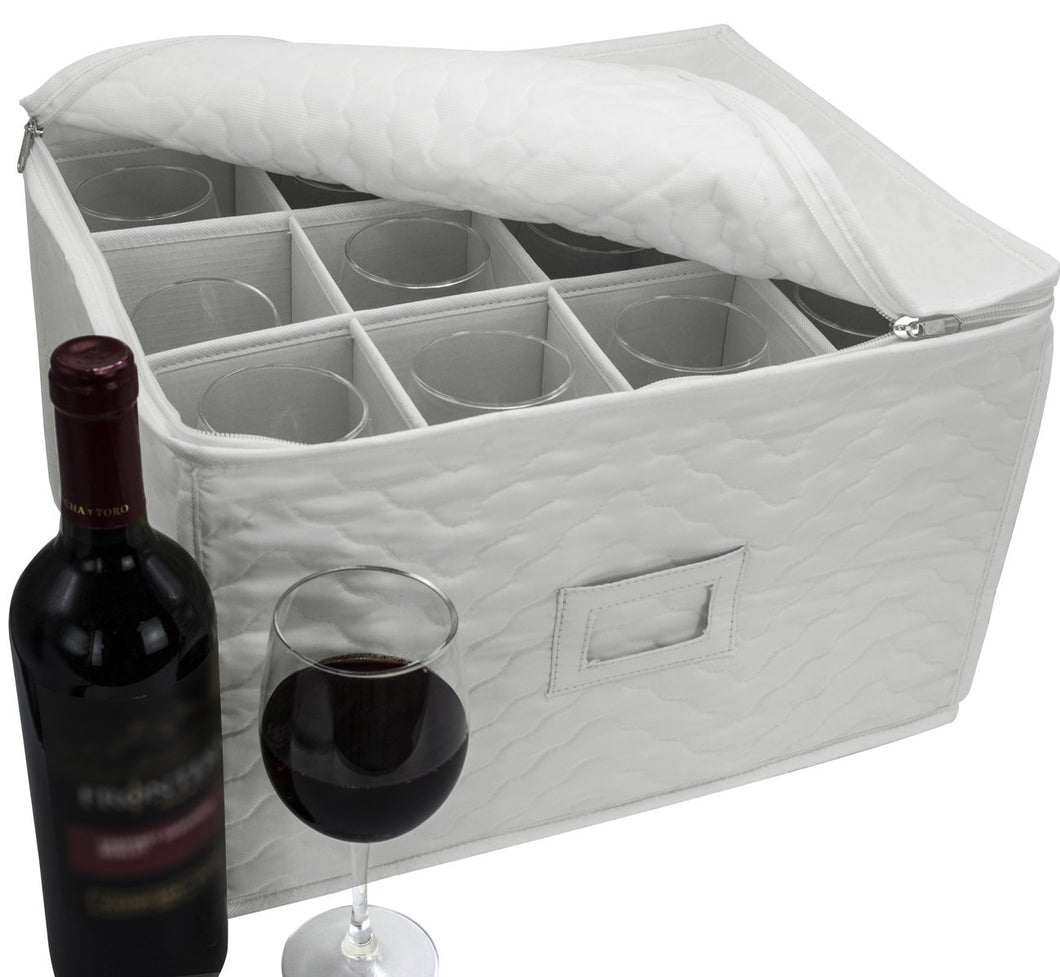 Sorbus Stemware Storage Chest - Deluxe Quilted Case with Dividers - Service for 12 - Great for Protecting or Transporting Wine Glasses, Champagne Flutes, Goblets, and More (Storage Glass - Beige)
