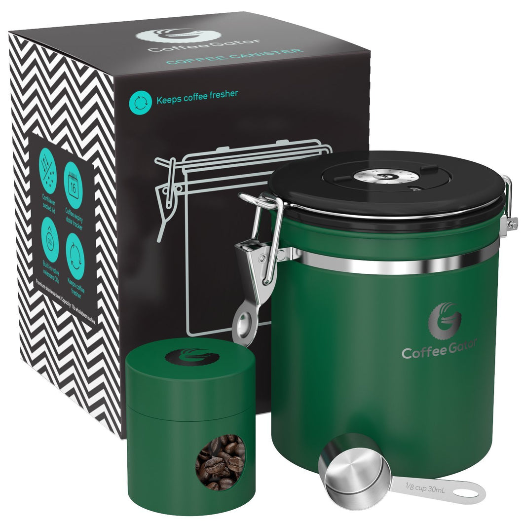 Coffee Gator Stainless Steel Container - Canister with co2 Valve, Scoop and Travel Jar - Medium, Green