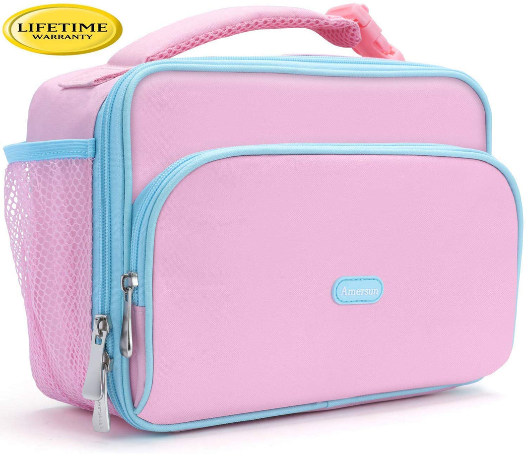 Amersun Kids Lunch Box,Durable Insulated School Lunch Bag with Padded Liner Keeps Food Warm Cold Longer Time,Small Water-resistant Thermal Travel Office Lunch Cooler for Teen Girls-2 Pockets,Pink
