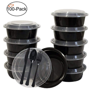 Tiger Chef Round Meal Prep Plastic Bowl - Portion Control - Bento Box - Food Containers with Leakproof Lids Microwave Freezer Safe Reusable BPA-Free 32 Ounce 100-Pack - 100 Sets Of Utensils included!